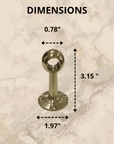 Measurement chart of a metal bracket with dimensions labeled on a marble background