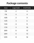 Table displaying package contents with size, chain, large hooks, small hooks, and mounts for different chain lengths.