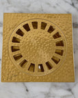 Solid Brass Square Shower Floor Drain – Hammered Design with Removable Cover - BRASSANOD