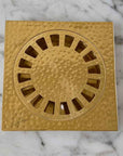 Solid Brass Square Shower Floor Drain – Hammered Design with Removable Cover