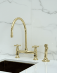 Unlacquered Brass Bridge Kitchen Faucet with Cold Water Faucet, Sprayer - BRASSANOD
