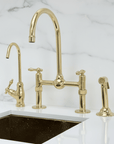 Unlacquered Brass Kitchen Bridge Faucet with Ball Center, Sprayer, cold water faucet - BRASSANOD