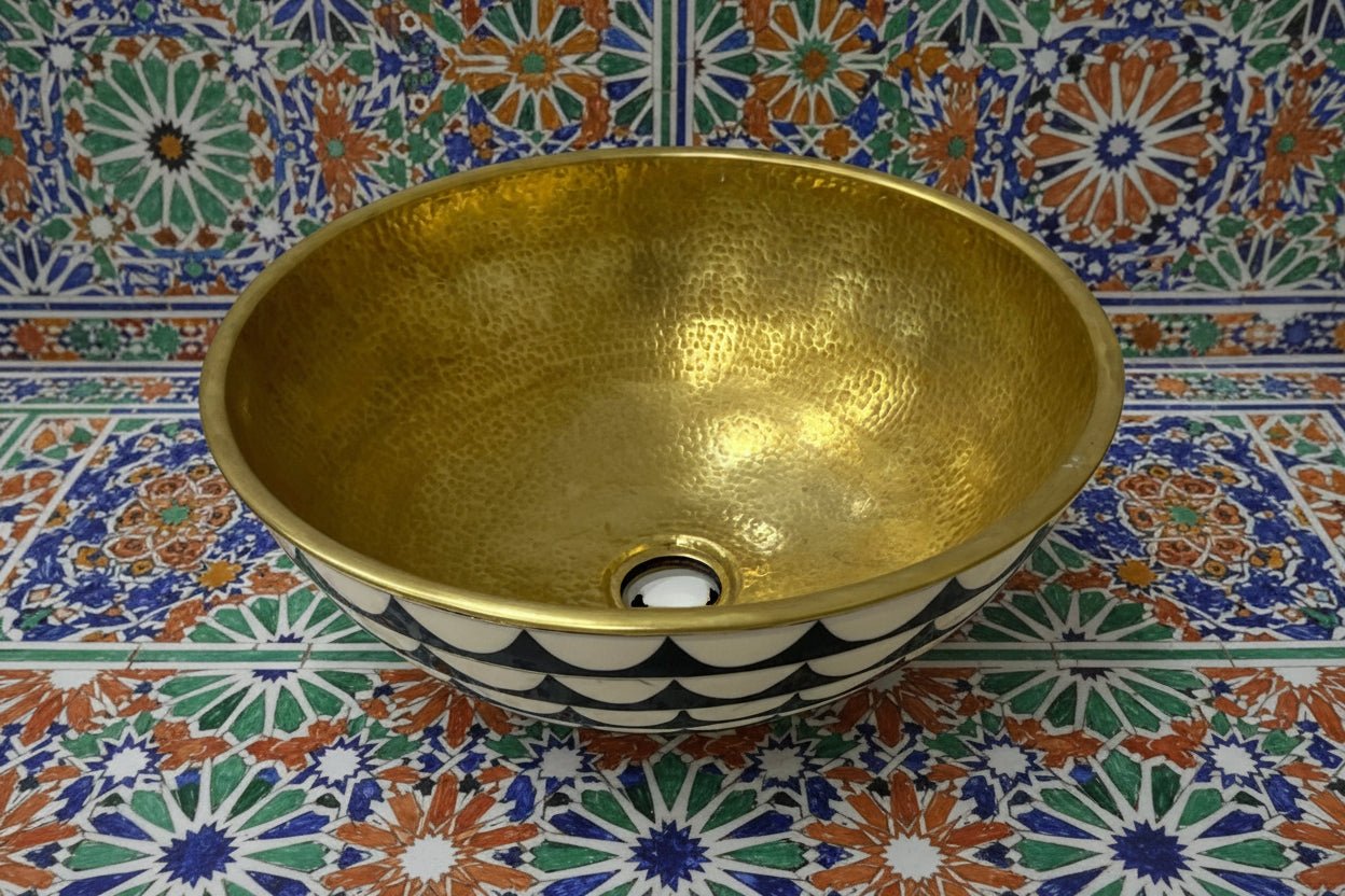 32cm/12.5" Round Brass & Resin Vessel Sink – Hammered Bathroom Vanity Countertop Basin - BRASSANOD