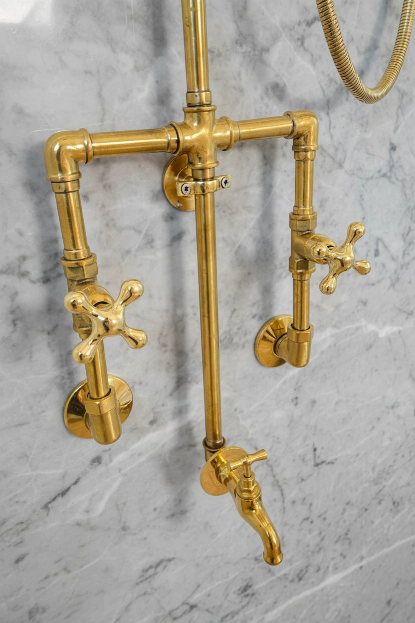 Brass shower system mounted on a gray marble wall