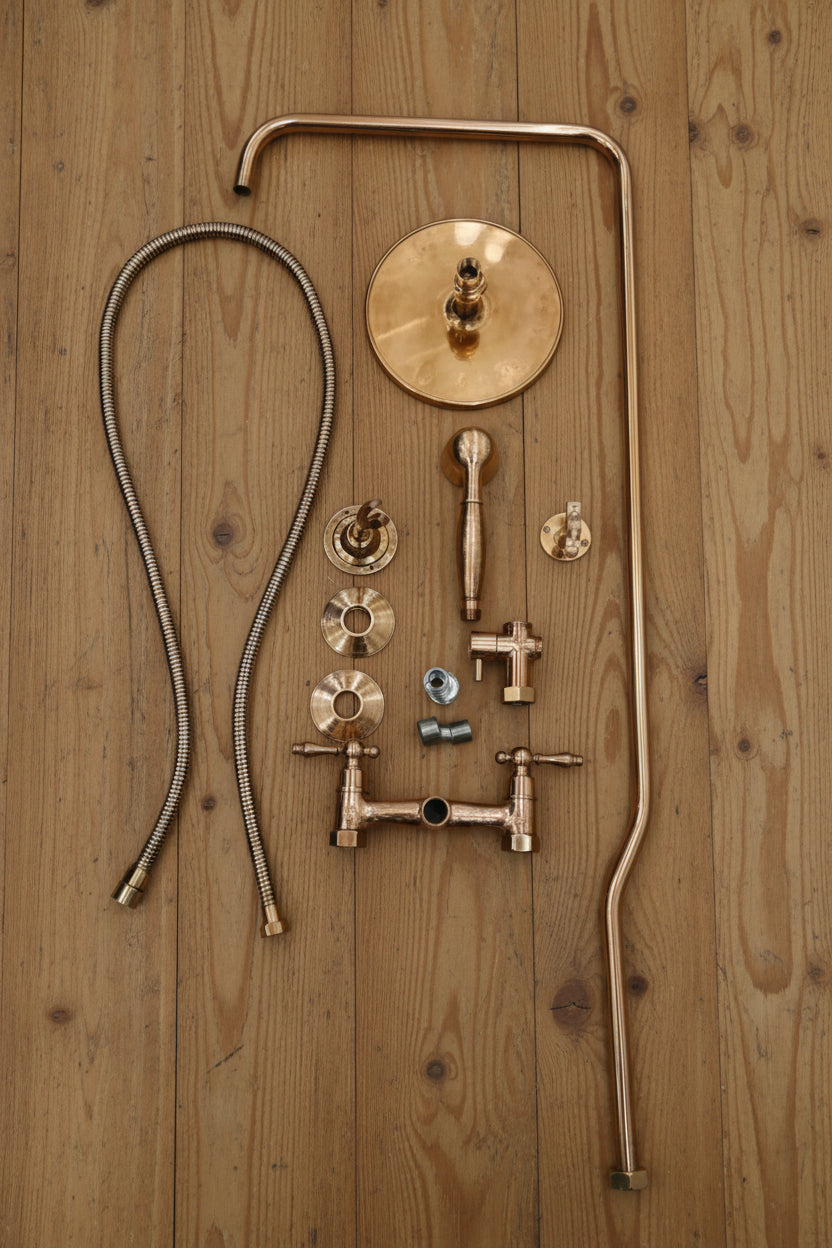 Unlacquered Solid Copper Outdoor Shower System | Handcrafted Rainfall Showerhead