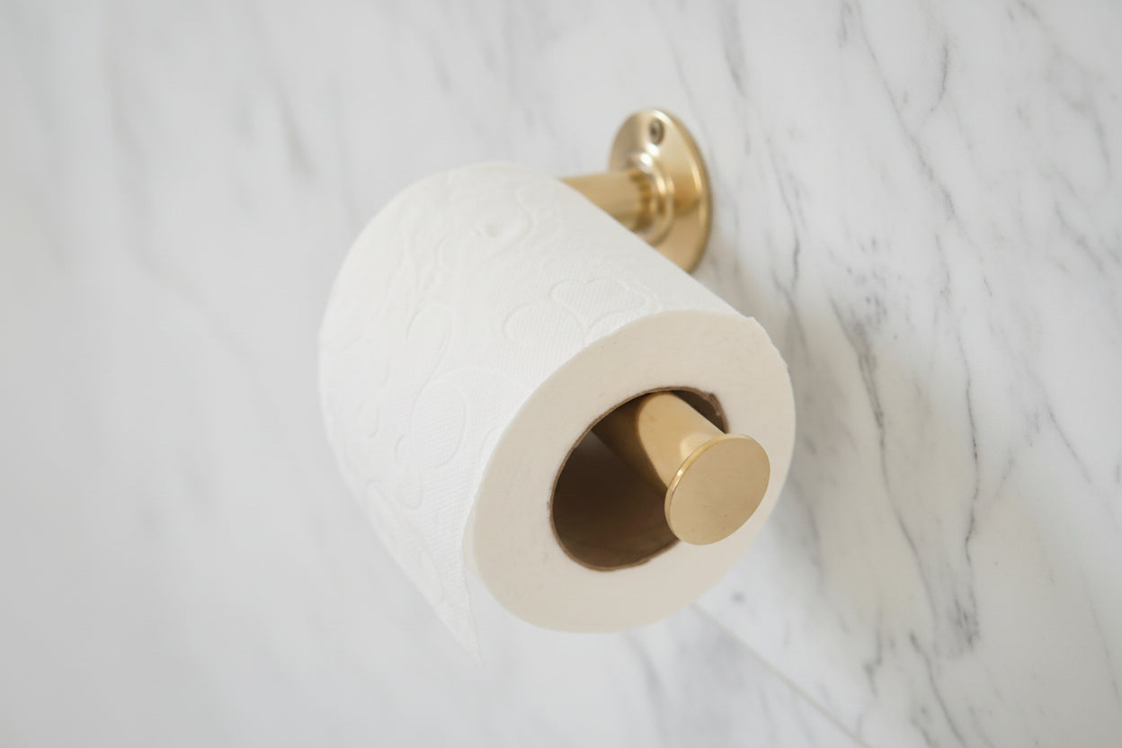 Brass toilet paper holder on a marble wall