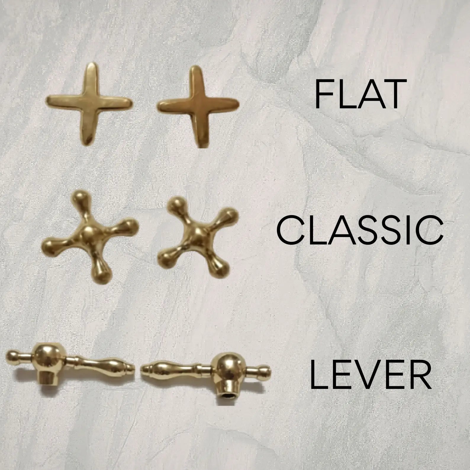 Brass handheld styles labeled 'Flat', 'Classic', and 'Lever' on a light background