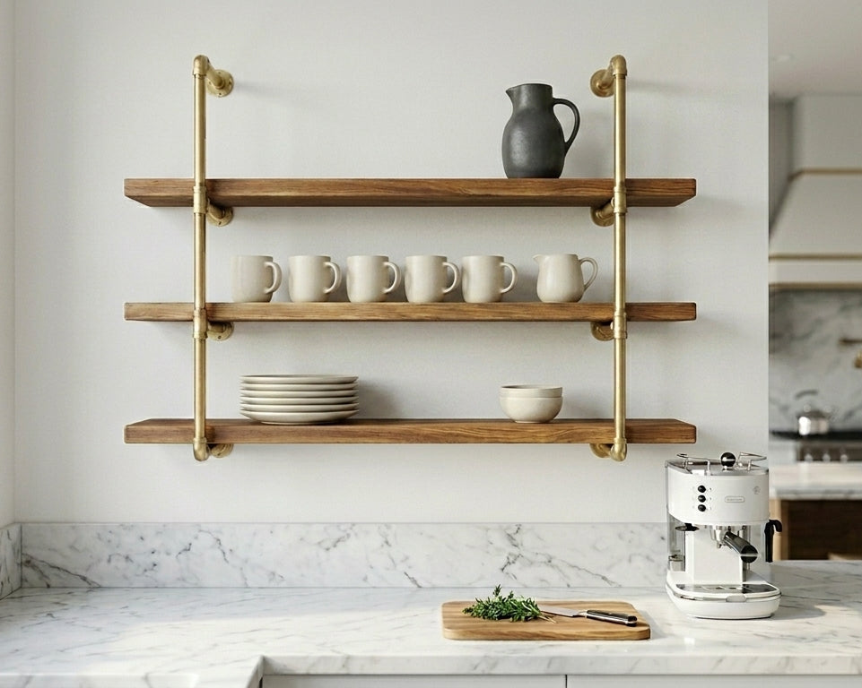 Modern kitchen with brass shelves, coffee maker, and kitchenware.