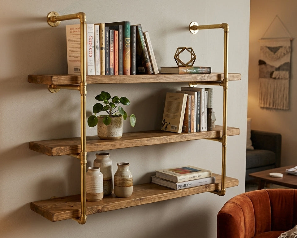 Brass shelf with books and decor items against a neutral wall in a cozy living room.