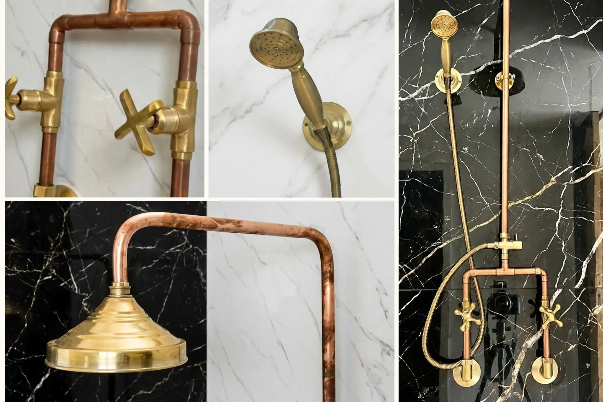 Vintage-style copper shower head and hose against a black and white marble wall.