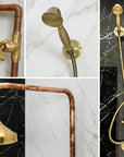Vintage-style copper shower head and hose against a black and white marble wall.