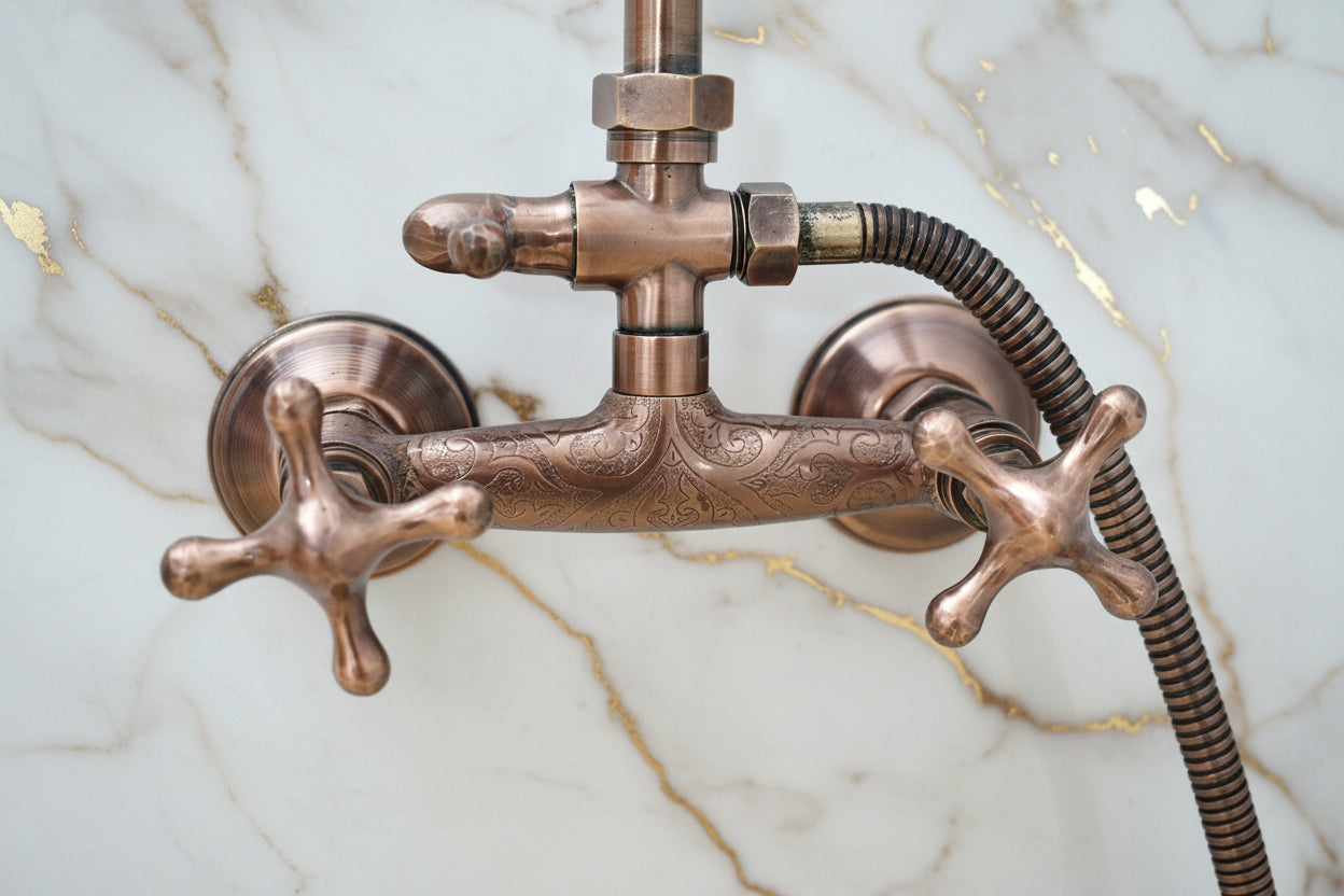 Bronze faucet with hose on a light blue background