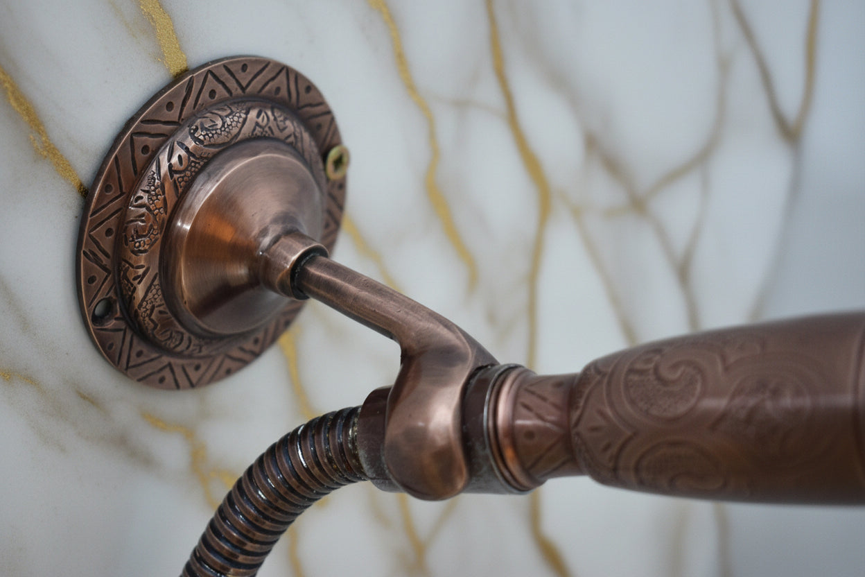 Close-up of a bronze shower head and valve on a light gray background