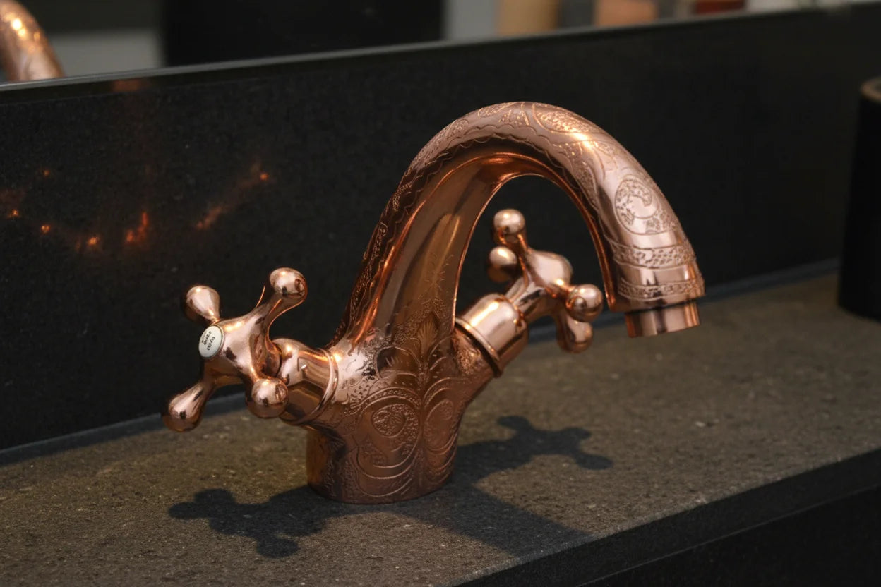brass faucet on a dark surface