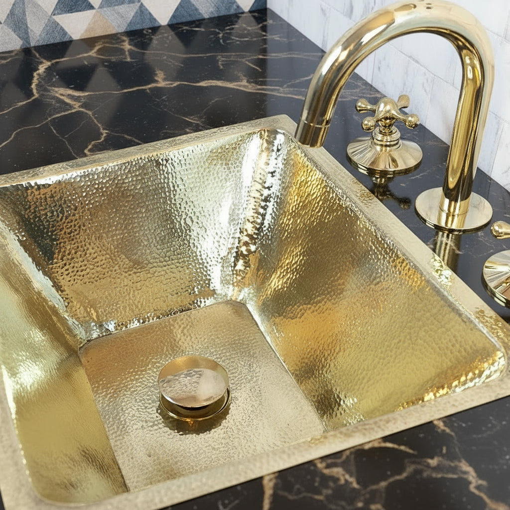 Brass sink with a gold faucet on a dark marble countertop