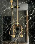 Copper shower head and fixtures on a marble wall