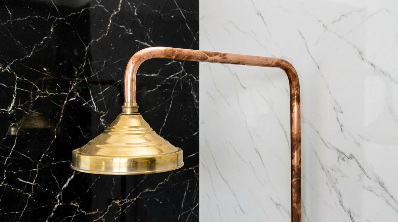 Vintage-style copper shower head and hose against a black and white marble wall.