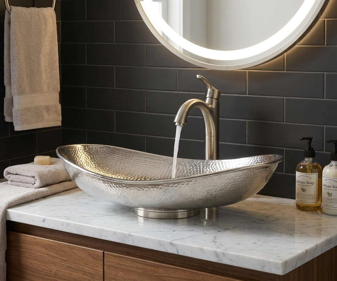 Bathroom vanity with a silver sink and faucet, illuminated mirror, and towels.