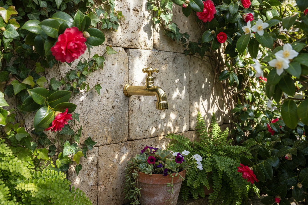 Moroccan Vintage Brass Garden Faucet — Handcrafted Wall Mount Outdoor Tap