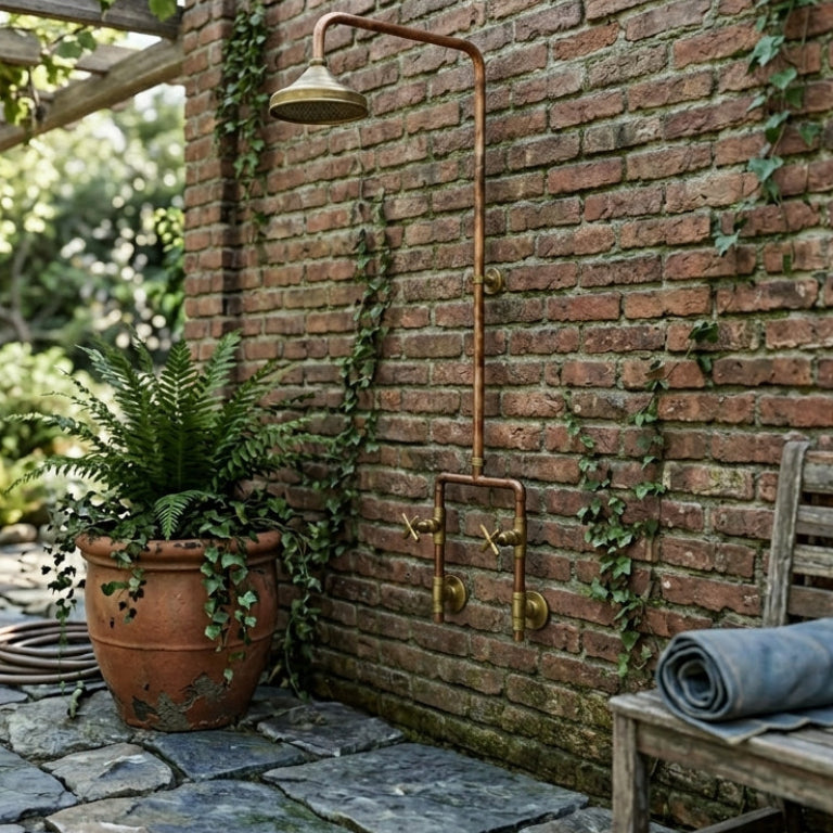 Outdoor shower system mounted on a brick wall with a potted plant and bench in the foreground.