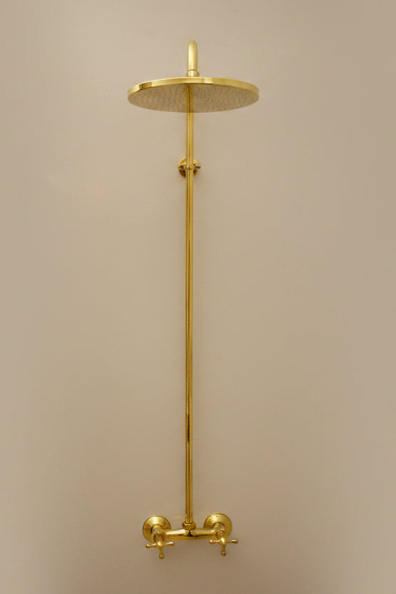 brass shower head and control valve set on a light gray background