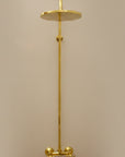 brass shower head and control valve set on a light gray background