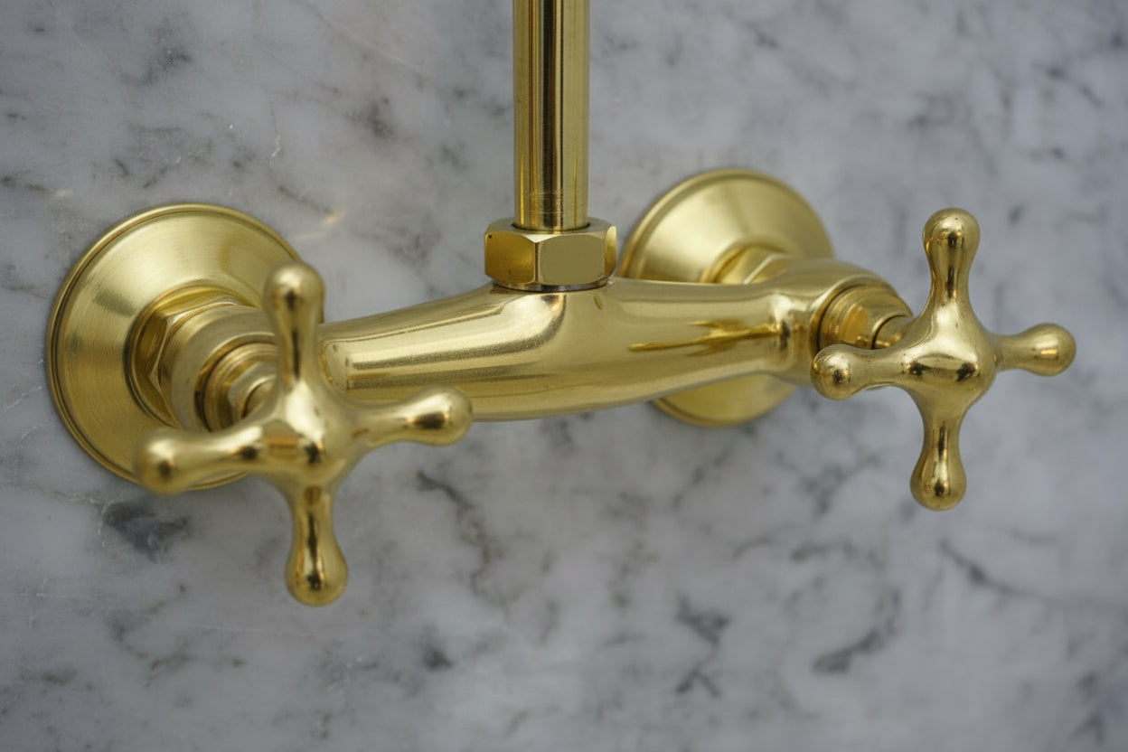 brass shower faucet on a white background