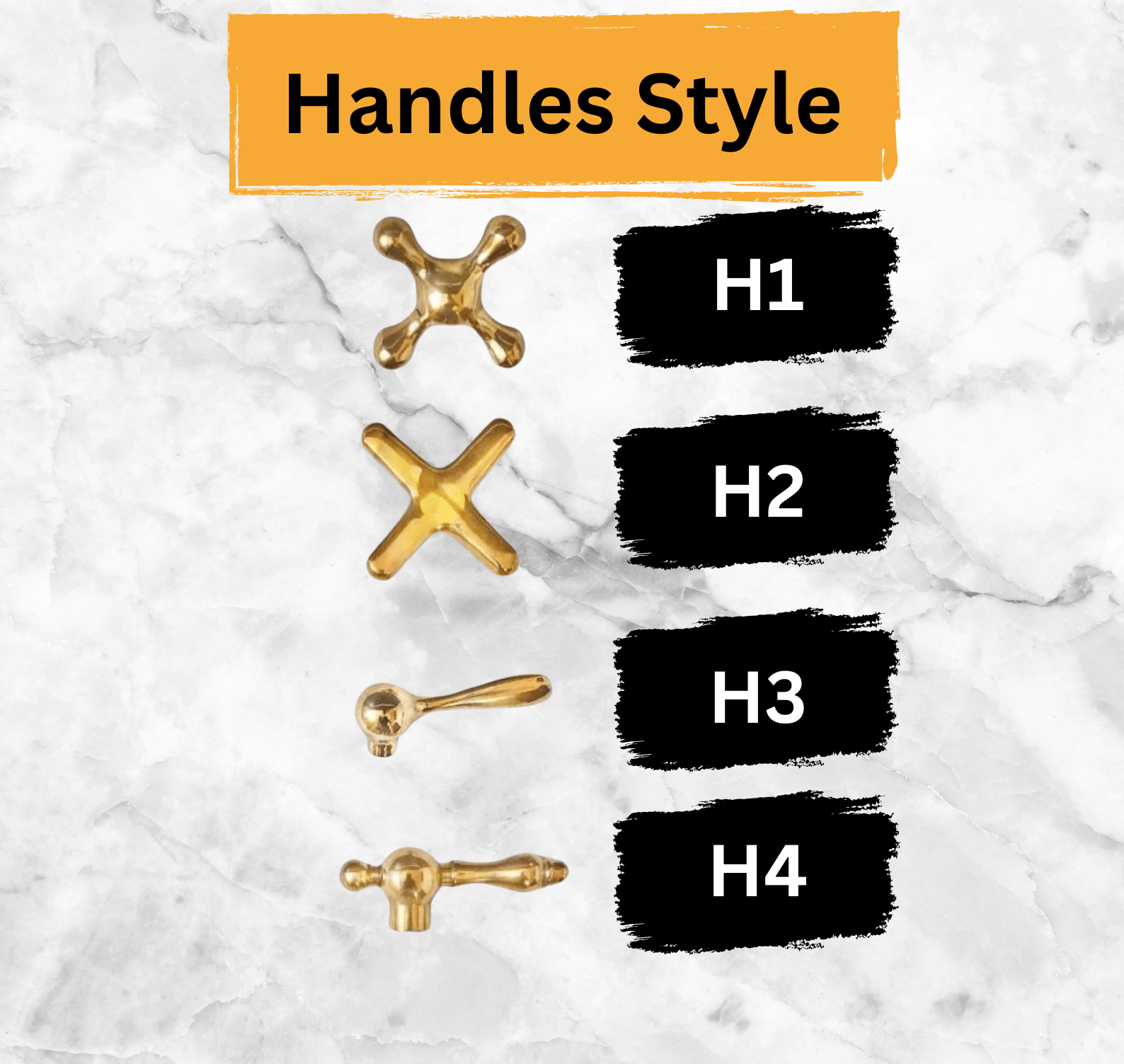 Gold handles with different styles labeled H1 to H4 on a marble background