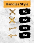 Gold handles with different styles labeled H1 to H4 on a marble background