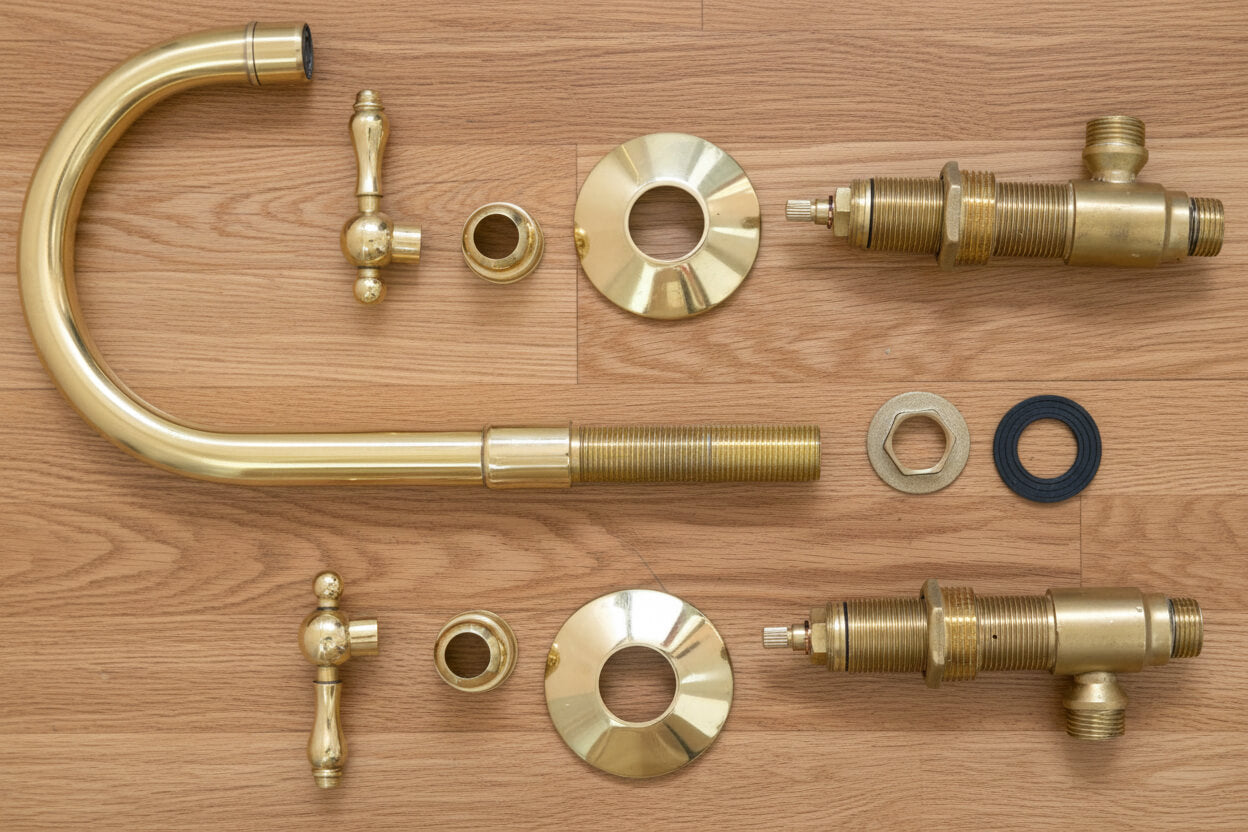 Collection of brass plumbing fixtures and parts on a wooden surface