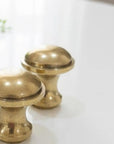 Two brass cabinet knobs on a white surface