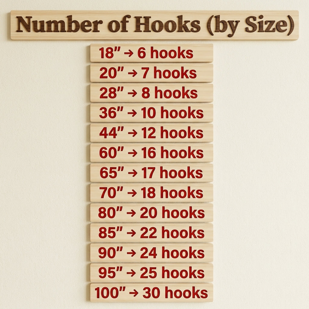 Wooden chart showing the number of hooks per size for various lengths.