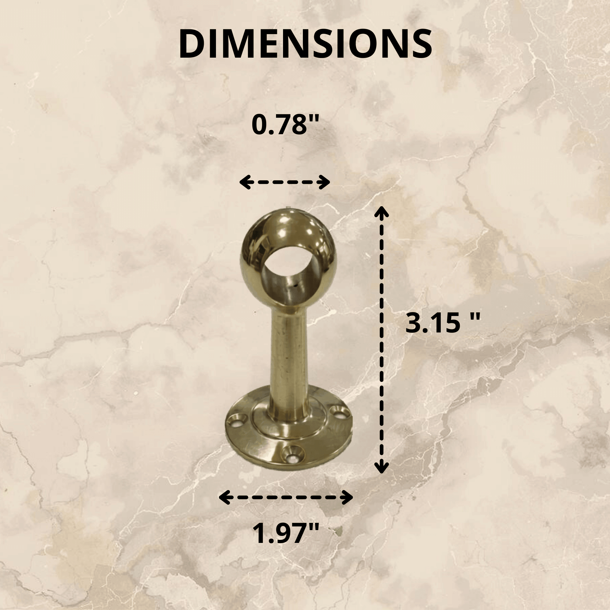 Measurement chart of a metal bracket with dimensions labeled on a marble background