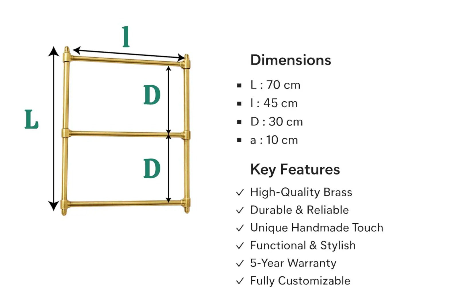 Gold towel rack with dimensions and features on a white background