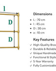 Gold towel rack with dimensions and features on a white background