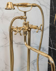 Unlacquered Brass Tub Faucet shower head and hose against a 