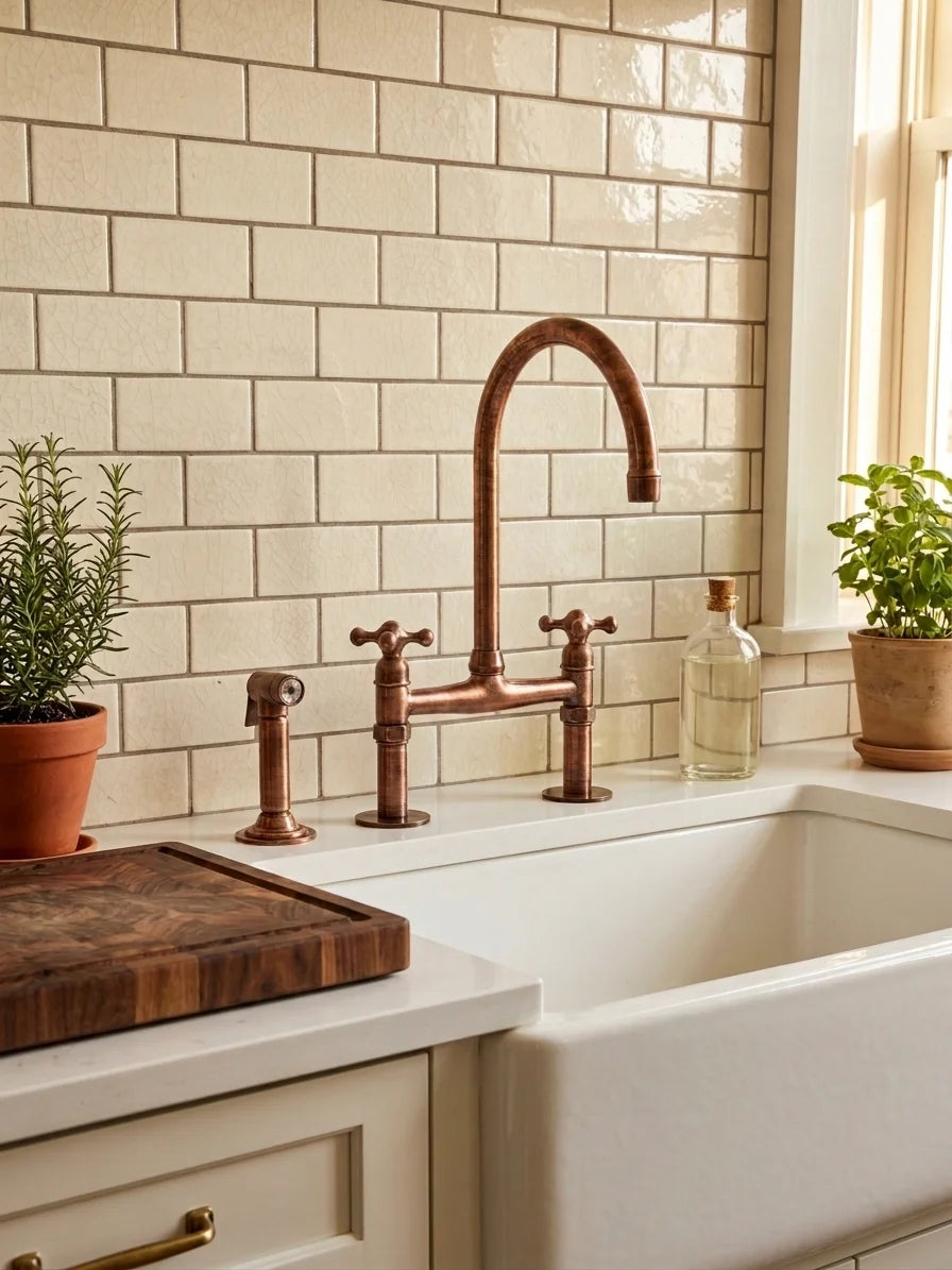 Kitchen sink with copper faucet and tiled wall