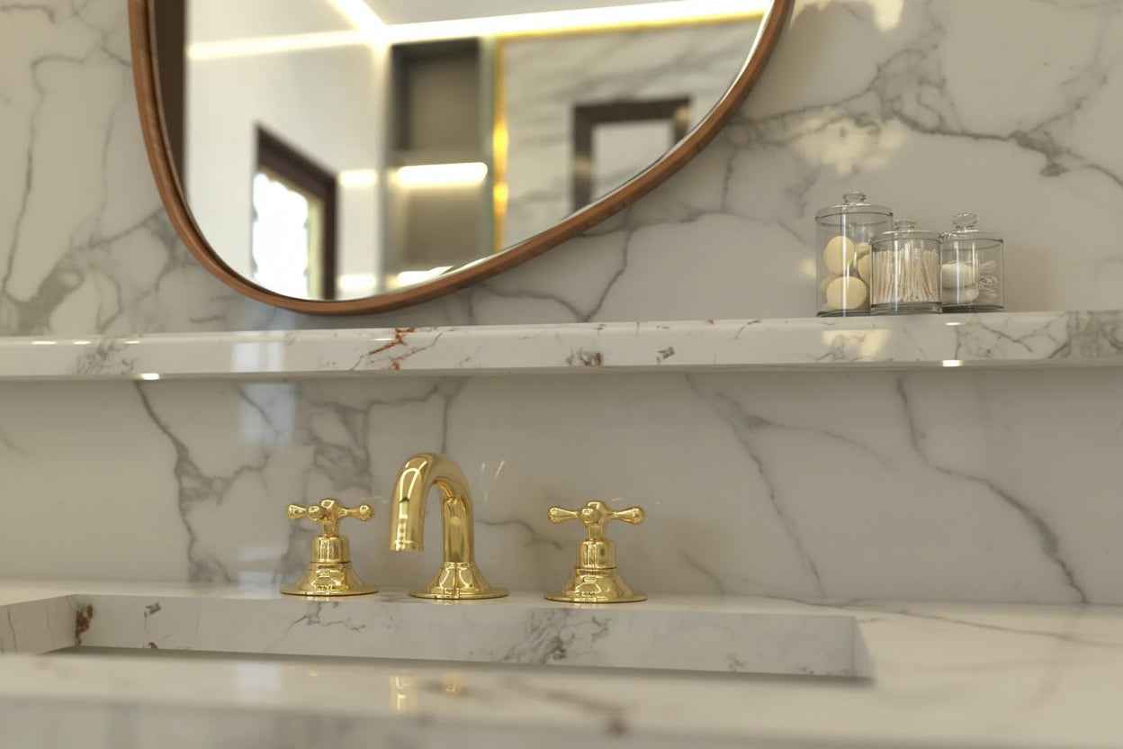 Unlacquered Brass Bathroom Faucet: Deck Mounted 3-Hole Sink