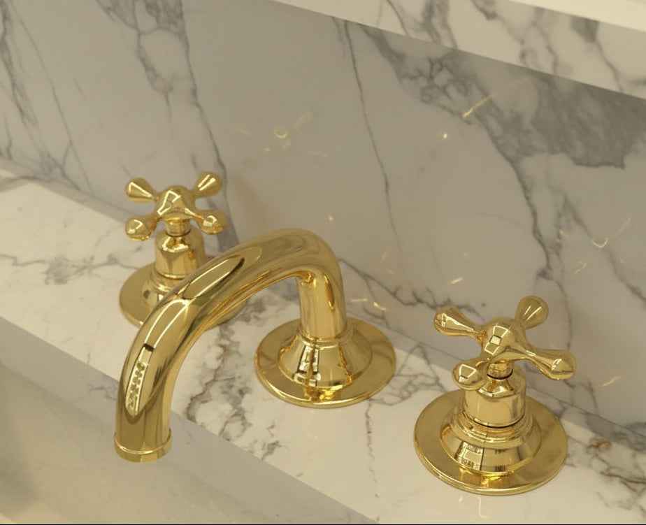 Unlacquered Brass Bathroom Faucet: Deck Mounted 3-Hole Sink