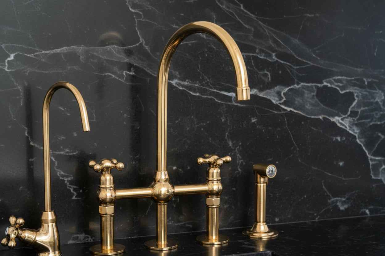 Unlacquered Brass Kitchen Faucet 3 Holes Bridge Gooseneck.
