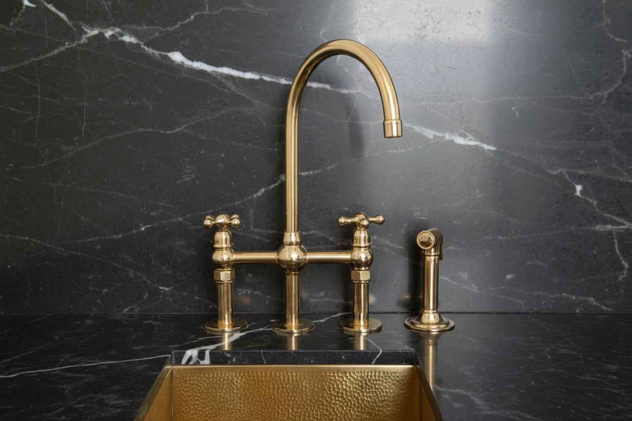 Unlacquered Brass Kitchen Faucet 3 Holes Bridge Gooseneck.