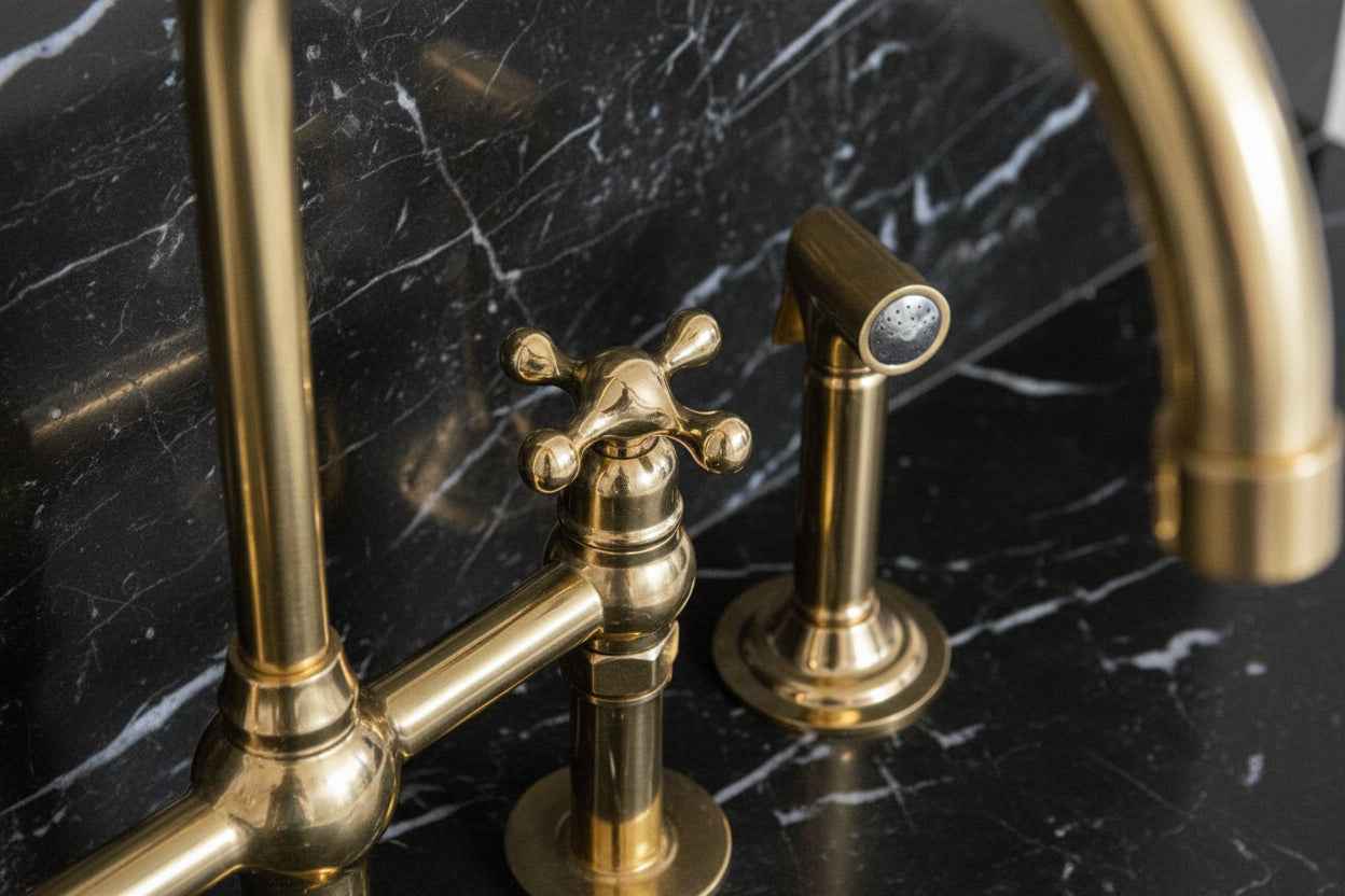 Unlacquered Brass Kitchen Faucet 3 Holes Bridge Gooseneck.