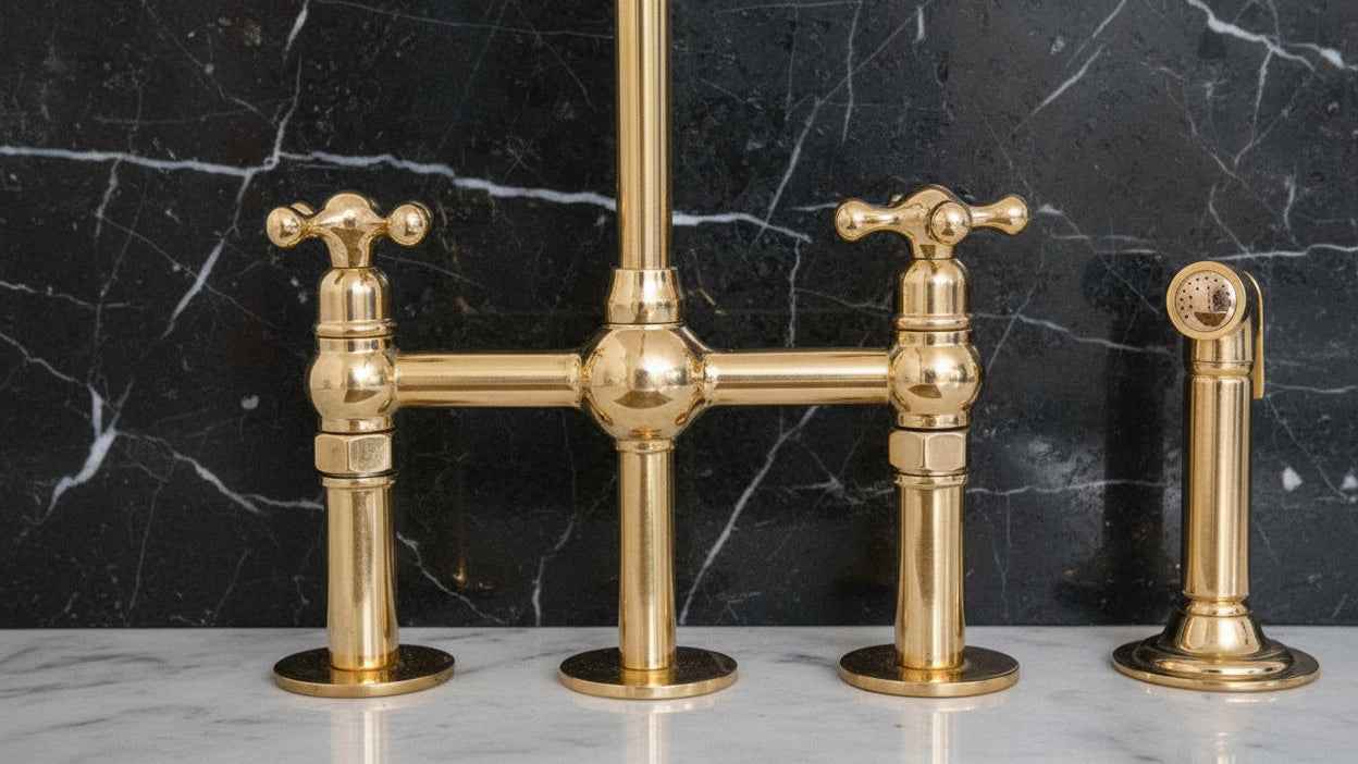 Unlacquered Brass Kitchen Faucet 3 Holes Bridge Gooseneck.