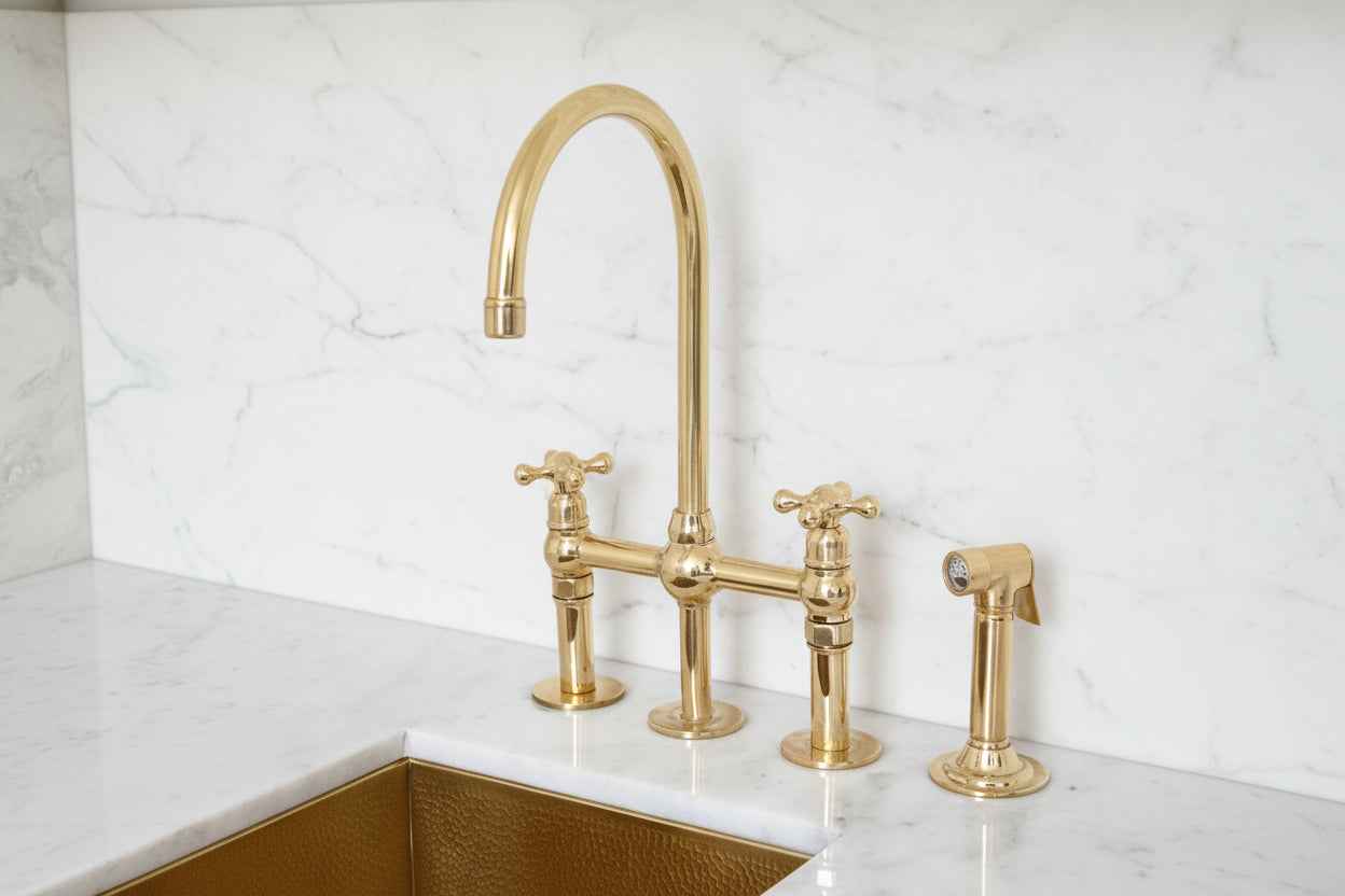 Unlacquered Brass Kitchen Faucet 3 Holes Bridge Gooseneck.