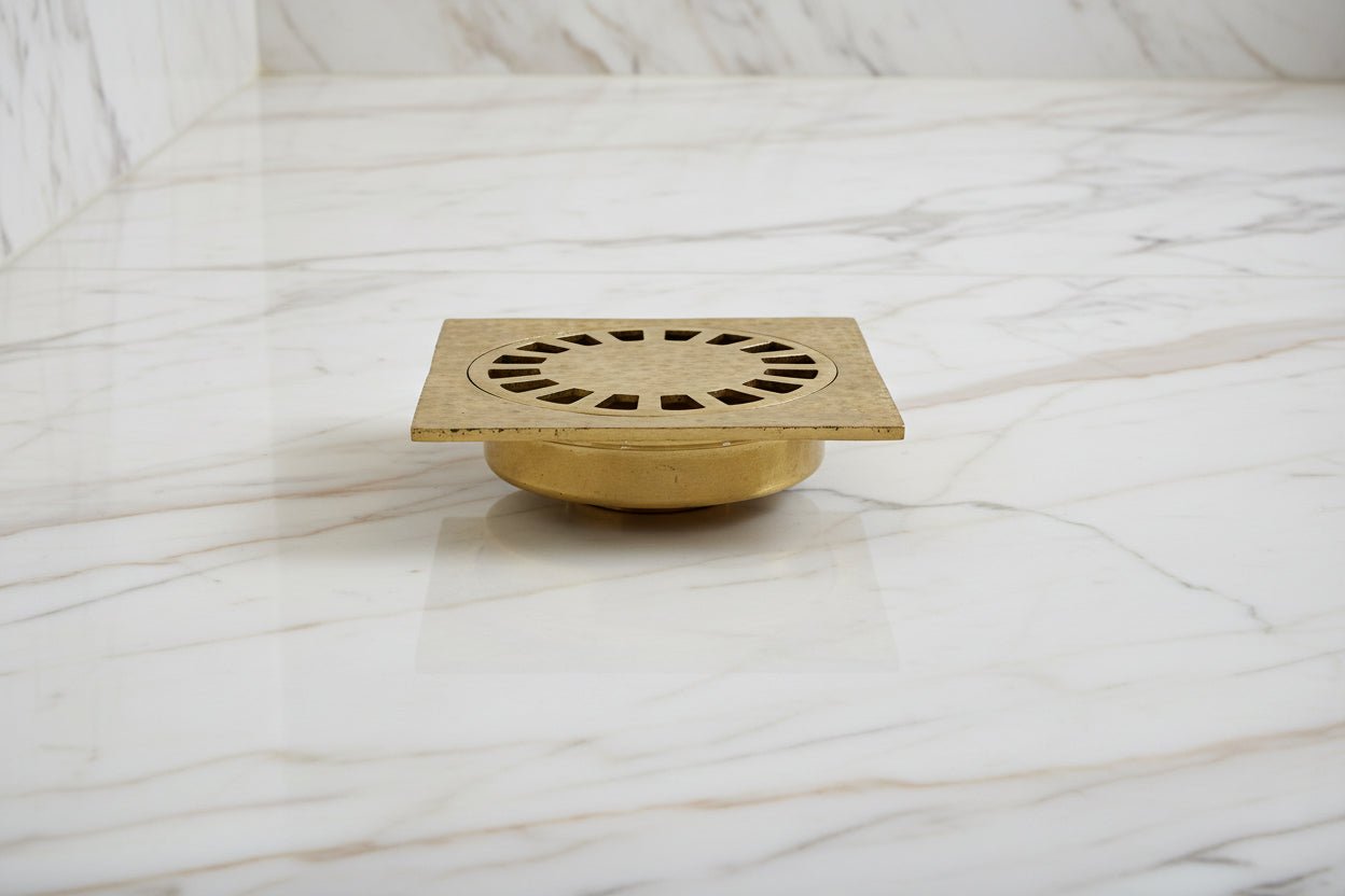 Solid Brass Square Shower Floor Drain – Hammered Design with Removable Cover - BRASSANOD