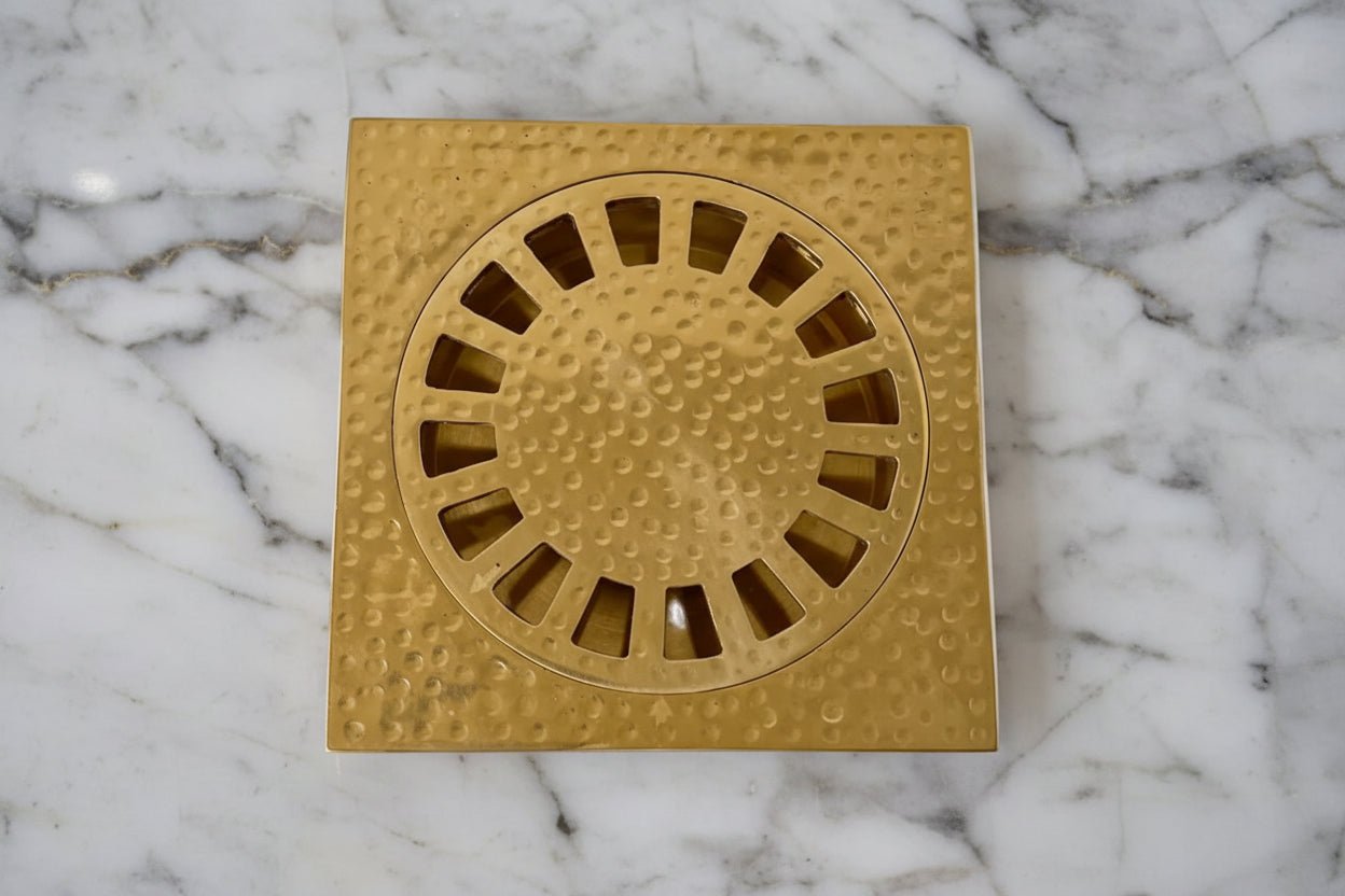 Solid Brass Square Shower Floor Drain – Hammered Design with Removable Cover - BRASSANOD