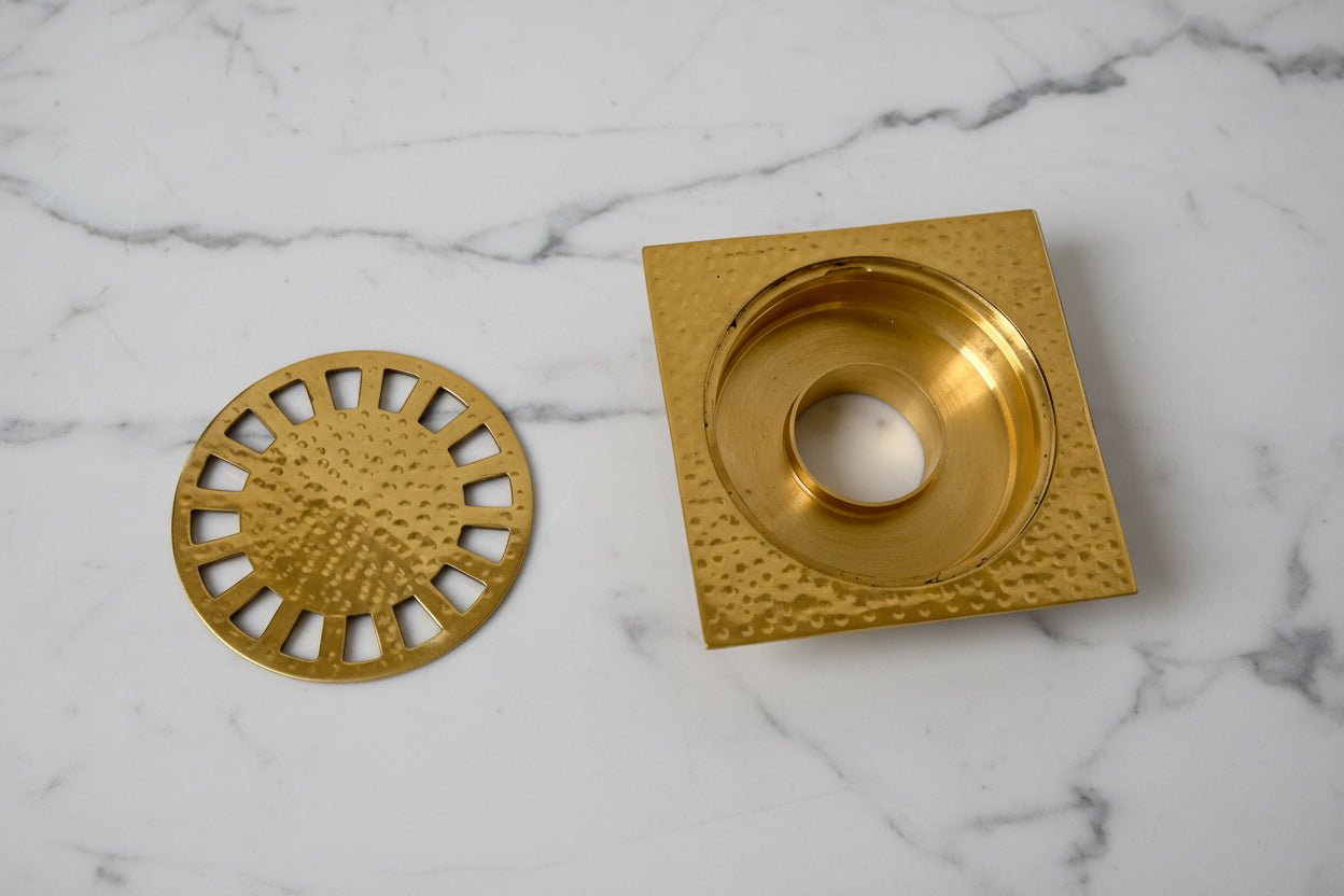 Solid Brass Square Shower Floor Drain – Hammered Design with Removable Cover - BRASSANOD