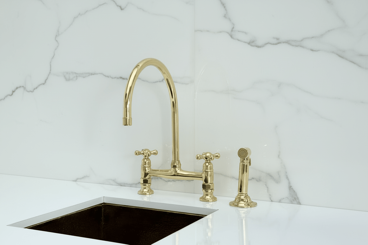 Unlacquered Brass Bridge Kitchen Faucet with Cold Water Faucet, Sprayer - BRASSANOD
