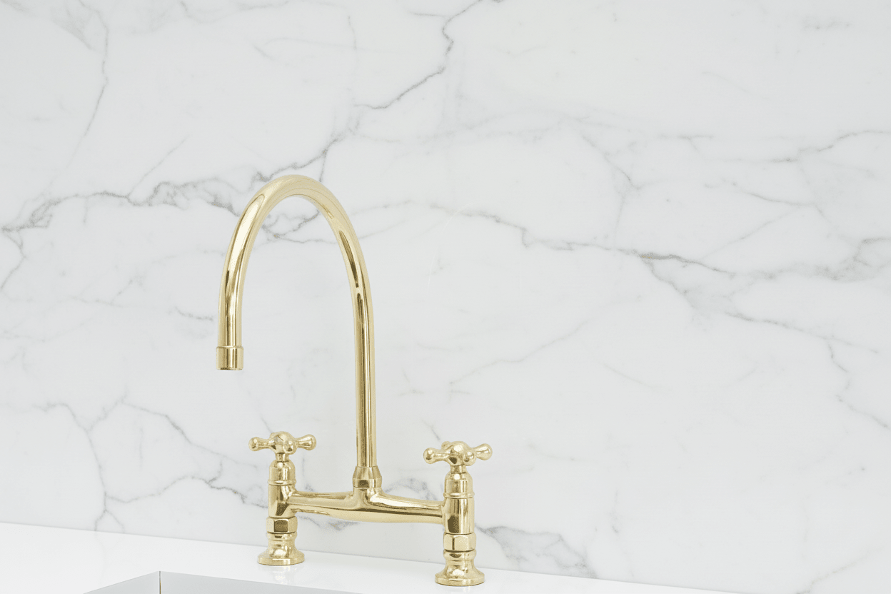 Unlacquered Brass Bridge Kitchen Faucet with Cold Water Faucet, Sprayer - BRASSANOD