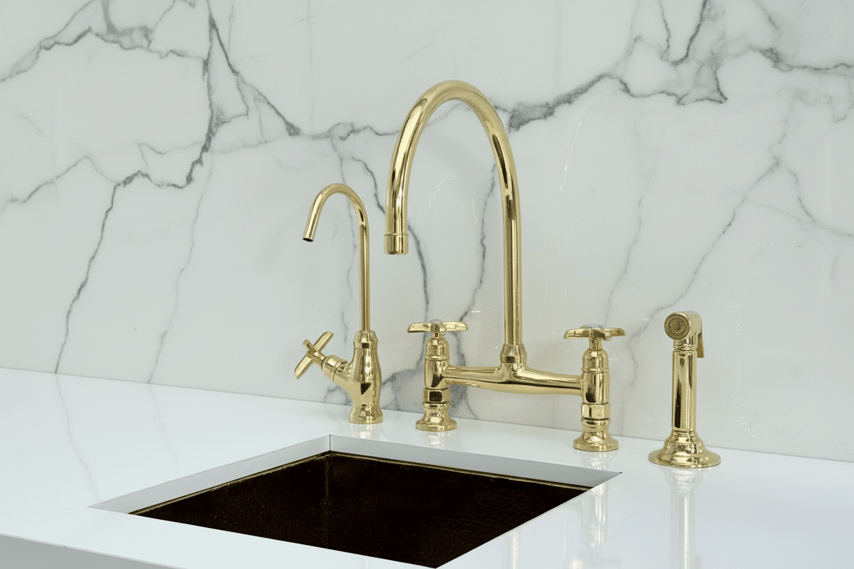 Unlacquered Brass Bridge Kitchen Faucet with Cold Water Faucet, Sprayer - BRASSANOD